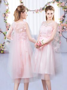 Baby Pink V-neck Neckline Appliques and Belt Dama Dress for Quinceanera Sleeveless Lace Up