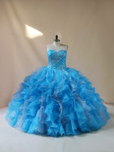 Elegant Sweetheart Sleeveless Sweet 16 Dress Floor Length Beading and Ruffles Baby Blue Organza
