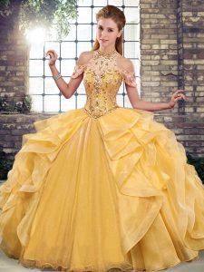 Gold Organza Lace Up Quince Ball Gowns Sleeveless Floor Length Beading and Ruffles