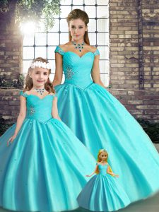 Aqua Blue Sleeveless Tulle Lace Up Sweet 16 Dresses for Military Ball and Sweet 16 and Quinceanera