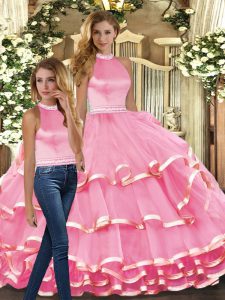 Sleeveless Organza Floor Length Backless Quinceanera Dresses in Pink with Ruffled Layers