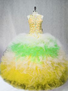 Sleeveless Floor Length Beading and Ruffles Zipper Quinceanera Gowns with Multi-color