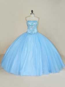 Blue Lace Up Quinceanera Dress Beading Sleeveless Floor Length