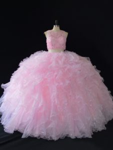 New Style Scoop Sleeveless Sweet 16 Quinceanera Dress Floor Length Beading Baby Pink Organza