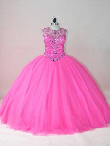Rose Pink Ball Gowns Beading Sweet 16 Dress Lace Up Tulle Sleeveless Floor Length