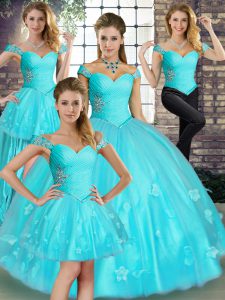 Aqua Blue Lace Up Off The Shoulder Beading and Appliques Vestidos de Quinceanera Tulle Sleeveless