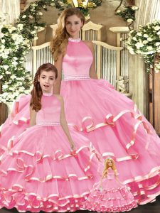 On Sale Pink Sweet 16 Dress For with Beading and Ruffled Layers High-neck Sleeveless Lace Up