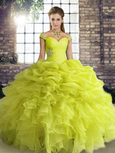 Colorful Off The Shoulder Sleeveless Lace Up Sweet 16 Quinceanera Dress Yellow Green Organza