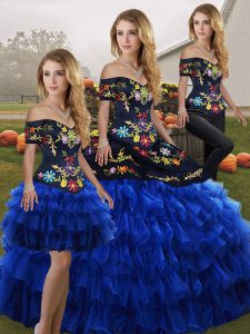 Colorful Blue And Black Organza Lace Up Off The Shoulder Sleeveless Floor Length 15th Birthday Dress Embroidery and Ruffled Layers