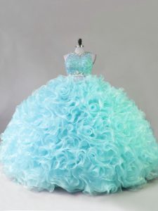 Blue Fabric With Rolling Flowers Zipper Quinceanera Gown Sleeveless Floor Length Beading