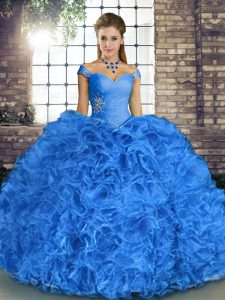 Floor Length Blue Quinceanera Gown Off The Shoulder Sleeveless Lace Up