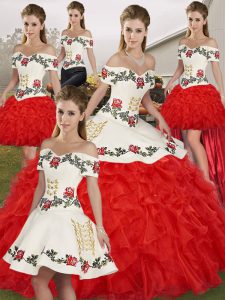 Suitable White And Red Lace Up Off The Shoulder Embroidery and Ruffles Sweet 16 Quinceanera Dress Organza Sleeveless