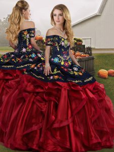 Red And Black Lace Up Quinceanera Dresses Embroidery and Ruffles Sleeveless Floor Length