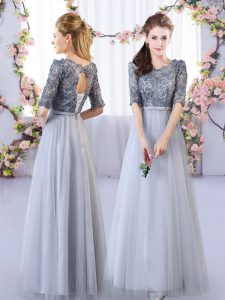 New Style Floor Length Empire Half Sleeves Grey Quinceanera Court Dresses Lace Up