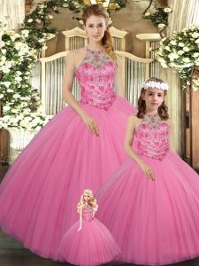 Rose Pink Sleeveless Beading Floor Length Vestidos de Quinceanera
