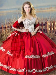 Popular Red Satin Lace Up Sweetheart Sleeveless Floor Length Sweet 16 Quinceanera Dress Beading and Embroidery