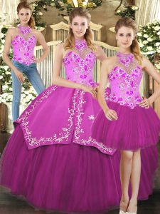 Cute Fuchsia Lace Up Quinceanera Dresses Embroidery Sleeveless Floor Length