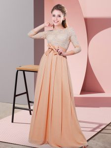 Wonderful 3 4 Length Sleeve Chiffon Floor Length Side Zipper Damas Dress in Peach with Lace and Belt