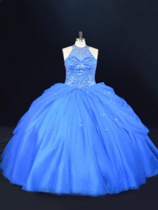 Comfortable Halter Top Sleeveless 15 Quinceanera Dress Floor Length Beading Blue Tulle