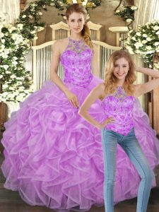 Clearance Lilac Tulle Lace Up Quinceanera Gowns Sleeveless Floor Length Beading and Ruffles