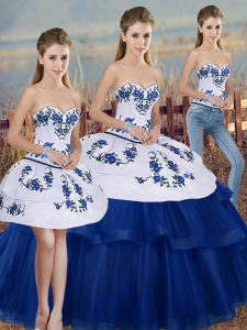 Designer Royal Blue Ball Gowns Sweetheart Sleeveless Tulle Floor Length Lace Up Embroidery and Bowknot Vestidos de Quinceanera