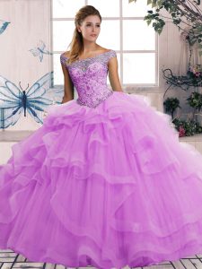 Lilac Ball Gowns Tulle Off The Shoulder Sleeveless Beading and Ruffles Floor Length Lace Up Sweet 16 Quinceanera Dress