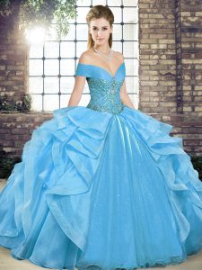 Stunning Baby Blue Vestidos de Quinceanera Military Ball and Sweet 16 and Quinceanera with Beading and Ruffles Off The Shoulder Sleeveless Lace Up