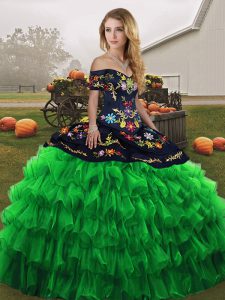 Green Lace Up Quince Ball Gowns Embroidery and Ruffled Layers Sleeveless Floor Length