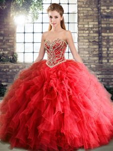 Captivating Floor Length Lace Up Ball Gown Prom Dress Red for Military Ball and Sweet 16 and Quinceanera with Beading and Ruffles