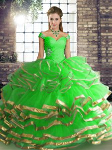 Cheap Green Lace Up Off The Shoulder Beading and Ruffled Layers Quince Ball Gowns Tulle Sleeveless