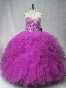 Romantic Tulle Scoop Sleeveless Lace Up Beading and Ruffles Quinceanera Gown in Fuchsia