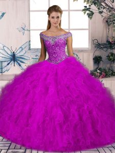 Amazing Lace Up Quinceanera Gown Fuchsia for Sweet 16 and Quinceanera with Beading and Ruffles Brush Train