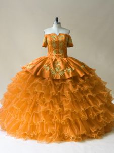 Deluxe Off The Shoulder Sleeveless Quinceanera Dress Floor Length Embroidery and Ruffled Layers Gold Organza