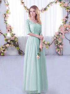 Attractive Half Sleeves Floor Length Lace and Belt Side Zipper Dama Dress with Light Blue