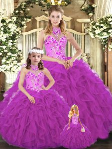 Best Fuchsia Ball Gowns Halter Top Sleeveless Tulle Floor Length Lace Up Embroidery and Ruffles 15 Quinceanera Dress