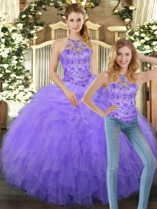 Lavender Tulle Lace Up Halter Top Sleeveless Floor Length Sweet 16 Dress Beading and Ruffles