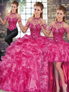 Best Selling Fuchsia Lace Up Halter Top Beading and Ruffles Quinceanera Gown Organza Sleeveless