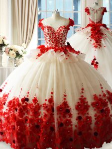 Noble Brush Train Ball Gowns Quinceanera Dresses Red Scoop Tulle Sleeveless Zipper