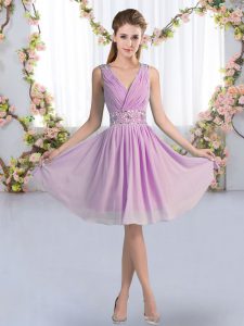 Perfect Sleeveless Chiffon Knee Length Zipper Quinceanera Dama Dress in Lavender with Beading