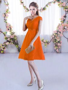 Wonderful Orange Red Lace Up V-neck Lace Dama Dress for Quinceanera Lace Cap Sleeves