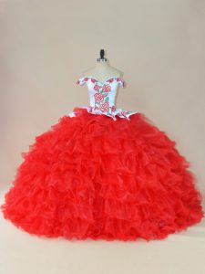 Flare White And Red Sleeveless Brush Train Embroidery and Ruffles 15 Quinceanera Dress