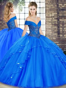 Customized Sleeveless Tulle Floor Length Lace Up Quinceanera Dress in Royal Blue with Beading and Ruffles