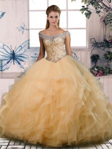 Superior Floor Length Gold Ball Gown Prom Dress Tulle Sleeveless Beading and Ruffles