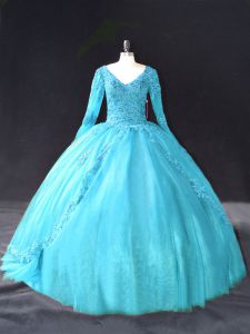 Decent Aqua Blue Tulle Lace Up 15th Birthday Dress Long Sleeves Floor Length Lace and Appliques