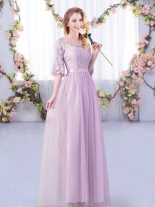 Suitable Lavender Empire Tulle Scoop Half Sleeves Lace and Belt Floor Length Side Zipper Quinceanera Court Dresses
