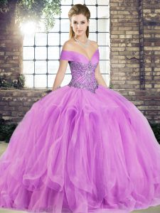 Modern Lilac 15 Quinceanera Dress Military Ball and Sweet 16 and Quinceanera with Beading and Ruffles Off The Shoulder Sleeveless Lace Up