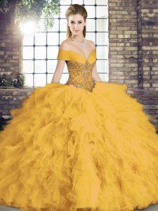 Custom Fit Gold Tulle Lace Up Sweet 16 Dresses Sleeveless Floor Length Beading and Ruffles