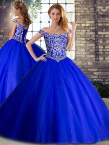 Off The Shoulder Sleeveless Brush Train Lace Up Quince Ball Gowns Royal Blue Tulle