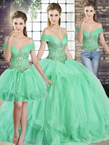 Off The Shoulder Sleeveless Tulle Sweet 16 Dresses Beading and Ruffles Lace Up
