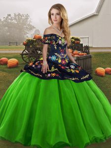 Floor Length Lace Up Quince Ball Gowns Green for Military Ball and Sweet 16 and Quinceanera with Embroidery